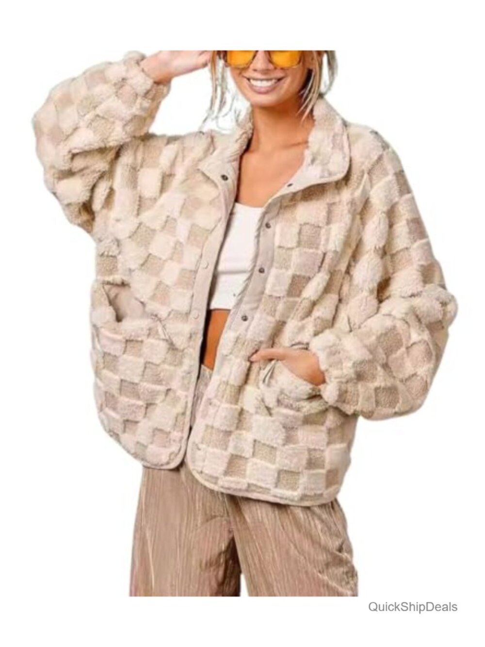 Faux Fur Checkered Fleece Jacket Fuzzy Sherpa Shacket Winter Coat